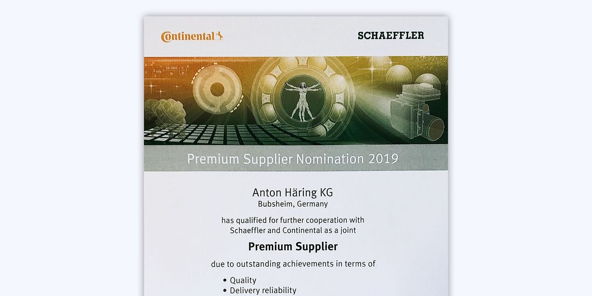 Auszeichnung Continental Häring Supplier Award "Premium Supplier Nomination"